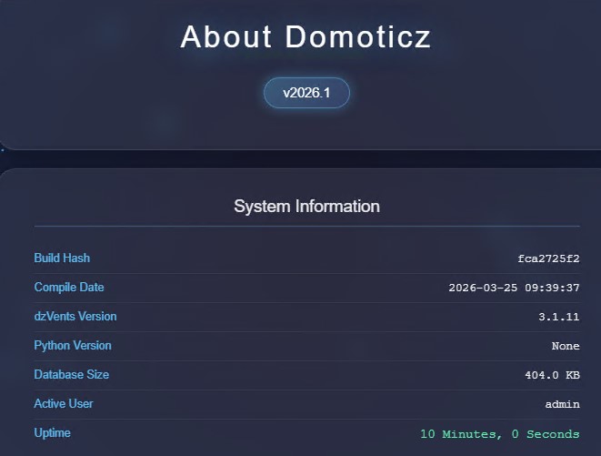 Текущая информация по развернутому Domoticz.